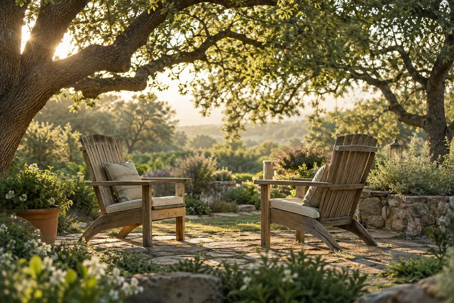 Two empty chairs beneath trees in a quiet garden